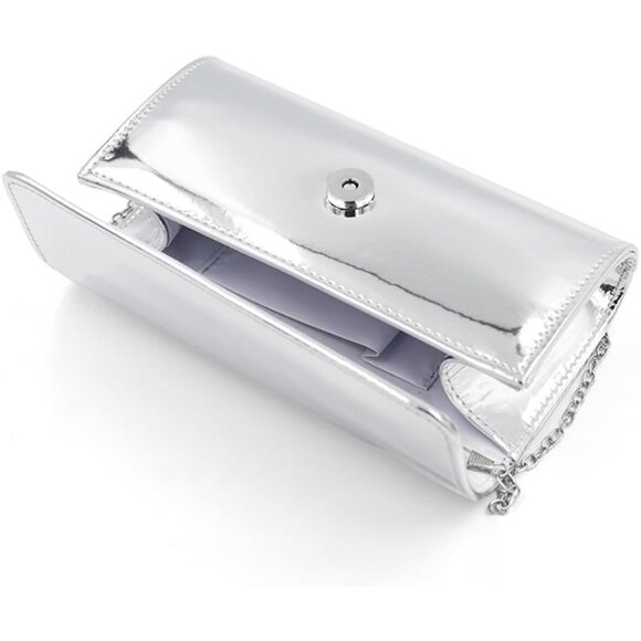 Silver Metallic Small Clutch Bag with Detachable Chain for Evening - Picture 4 of 6